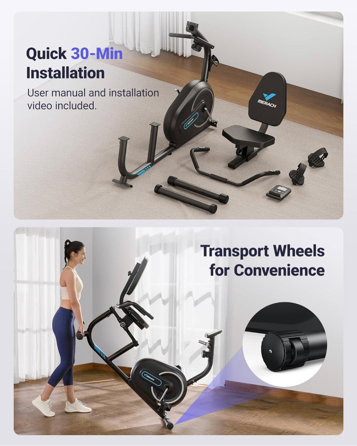 Recumbent exercise bike with Bluetooth, app connectivity, LCD display