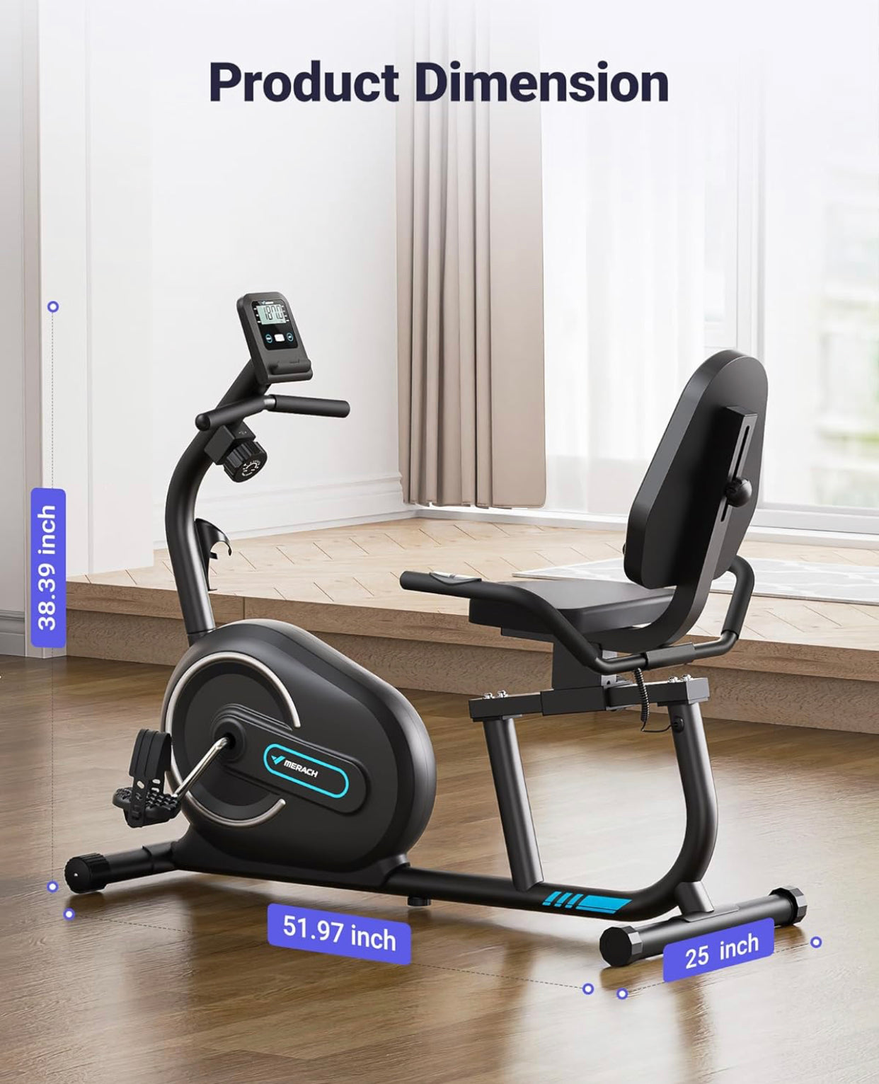 Recumbent exercise bike with Bluetooth, app connectivity, LCD display