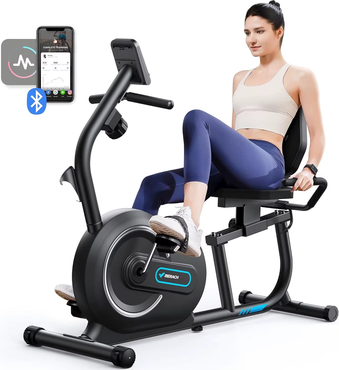 Recumbent Exercise Bike for Home with Smart Bluetooth and Exclusive App Connectivity, LCD, Heart Rate Handle, Magnetic Re